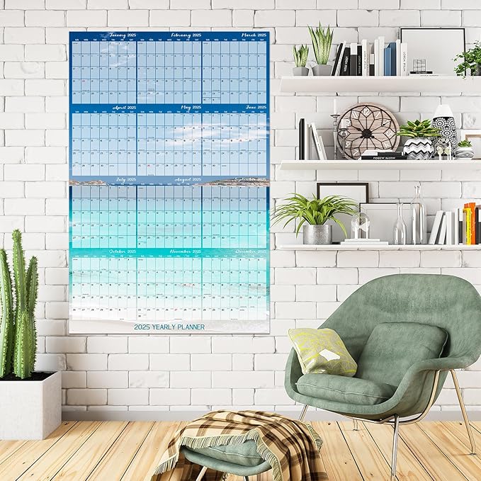 32" x 48" 2025 Wall Calendar Dry Erase - Large Scenery Background Calendar Wet & Dry Erasable Laminated 12 Month Annual Yearly Planner, Reversible, Horizontal/Vertical (2025 Beach Wall Calendar)