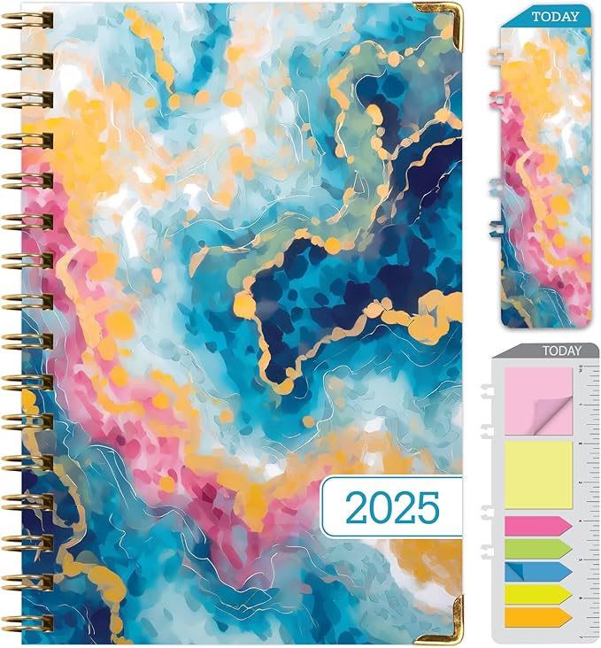 HARDCOVER 2025 Planner, 5.5"x8": 14 Months (November 2024 - December 2025), Daily Weekly Monthly Planner, Yearly Agenda, Bookmark, Pocket Folder and Sticky Note Set (Speckled Marble)