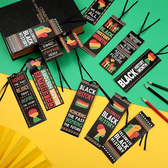 120 Pcs Black History Month Bookmarks Bulk 5.5 x 2'' Double Sided Inspirational Bookmarks African American Celebration Gifts with Ribbon for Women Men Black History Month Party Favors