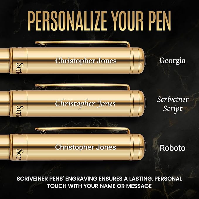 Scriveiner Personalized Gold Ballpoint Pen - Stunning Luxury Pen with 24K Gold Finish, Schmidt Ink Refill, Best Engraved Ball Point Gift Set for Men & Women, Custom Name Engraving