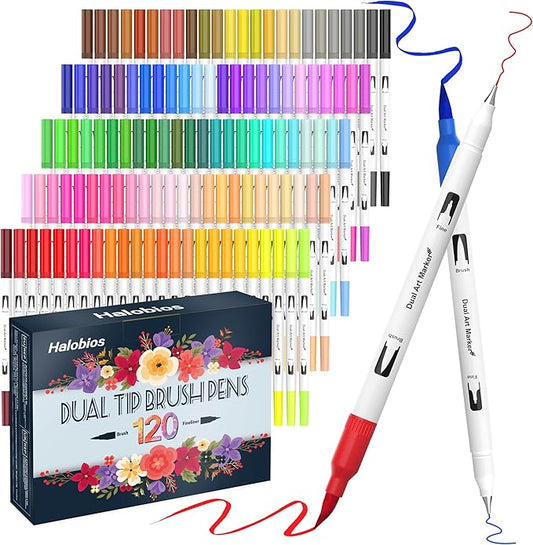 120 Color Dual Tips Brush Pens, Fine and Brush Tip Markers with Swatch Card for Adult Coloring, Art Markers Set for Journaling Calligraphy Drawing Sketching Doodling Illustrating
