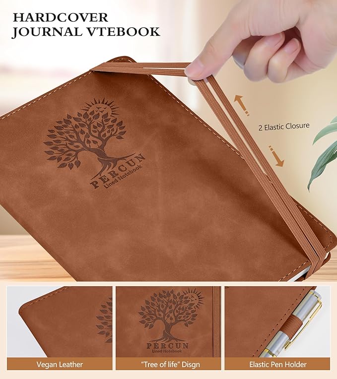Lined Journal Notebook for Women and Men,Hardcover Leather Journaling Notebook for Writing, Travel, Business, Work and School,200 Pages A5 Notebook for Note Taking, Diary 5.9" × 8.5" - Brown