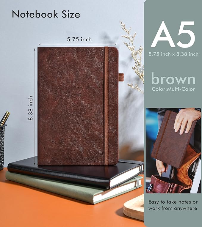 Lined Journal Notebook for Men Women, 200 Numbered Pages Leather Hardcover Journal with Pen, A5 Journaling Notebooks, Thick Paper College Ruled Journals for Writing Work Business 5.75'' X 8.38'' Brown