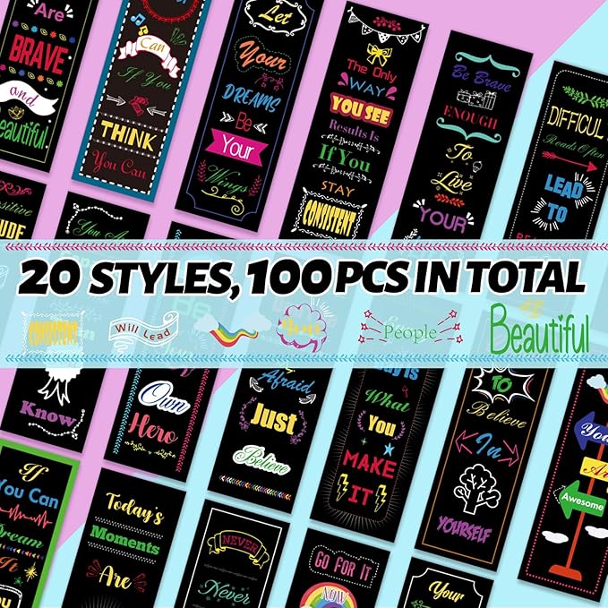 LiYiQ 100 Pcs Motivational Encouraging Inspirational Bookmarks 6×2-inch Double-Sided Bookmarks for Book Lovers Cute Bookmarks for Reading Bookmarks for Students School Supplies