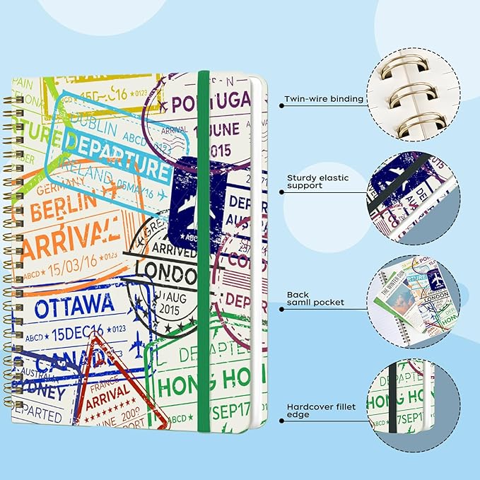 Spiral Notebook - A5 Spiral Notebooks, 8.3'' × 5.8'', 160 Pages, Aesthetic Journaling Notebooks for Women, College Lined Notebook with Elastic Closure, Back Pocket, for School Office, stampA