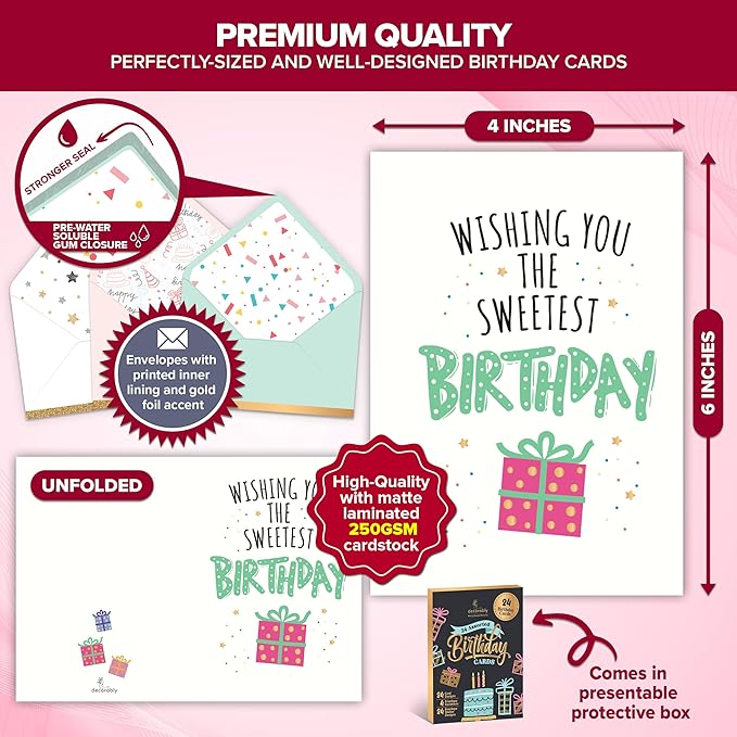Decorably 24 Pack Foiled and Glittery Assorted 6x4in Box of Birthday Cards with Envelopes and Stickers, 24 Unique Designs Birthday Card Pack with Printed Message Inside