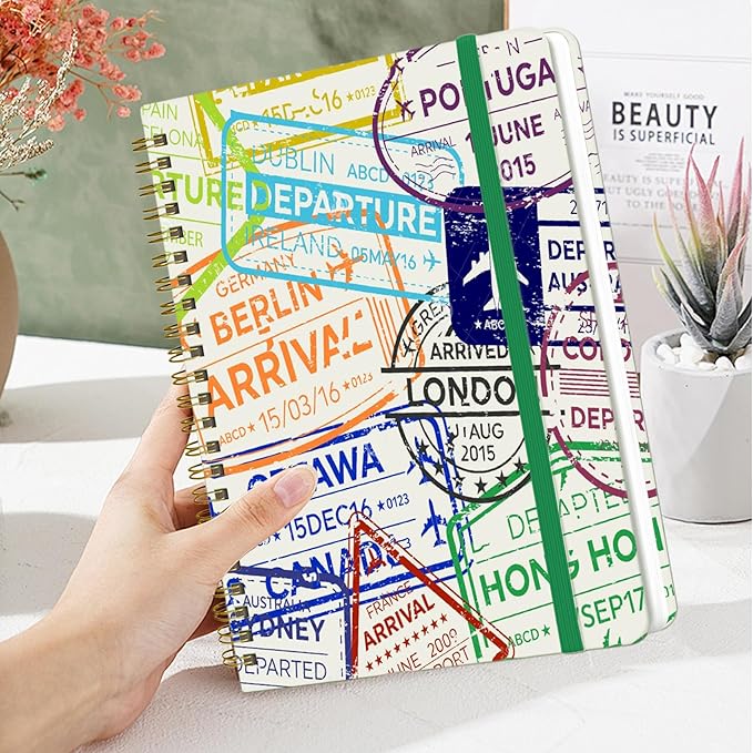 Spiral Notebook - A5 Spiral Notebooks, 8.3'' × 5.8'', 160 Pages, Aesthetic Journaling Notebooks for Women, College Lined Notebook with Elastic Closure, Back Pocket, for School Office, stampA