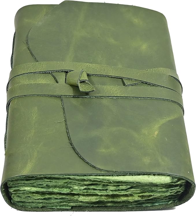 Vintage Green Leather Journal - 200 Pages Deckle Edge Rustic Paper, Unlined Pages Book of Shadows, Grimoire, Junk Notebook, Fantasy Medieval Gifts, Sketchbook, Scrapbook (Earthy Green, 12"x9")