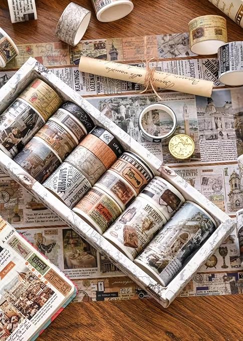 18 Rolls Vintage Washi Tape Pack Retro Arts Adhesive Tapes Wide Monologue Decorative Masking Tape Sets for Craft, Kids, Scrapbook, DIY, Gift Wrapping (Travel The World)