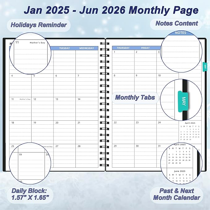 Monthly Planner 2025-2026 (7.4'' x 9.6''), 2025 Calendar 18 Months Planner from Jan 2025-Jun 2026, Academic Planner with Monthly Tabs & Pocket, Perfect for School & Work, 120GSM Thick Paper, Black