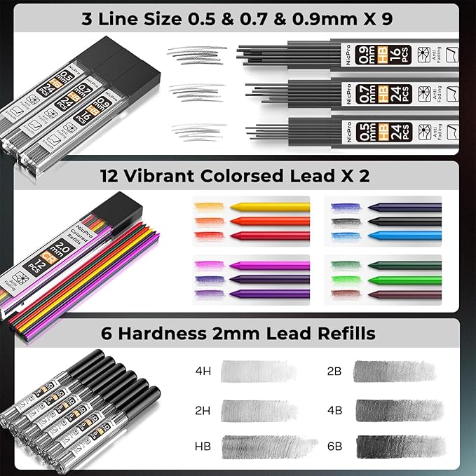 Nicpro 37PCS Metal Mechanical Pencil Set, 8PCS Drafting Pencil 0.5, 0.7, 0.9 mm & 2mm Lead Pencil Holder For Sketching Drawing With 20 Tube (6B 4B 2B HB 2H 4H Colors) Lead Refill Eraser -With Case
