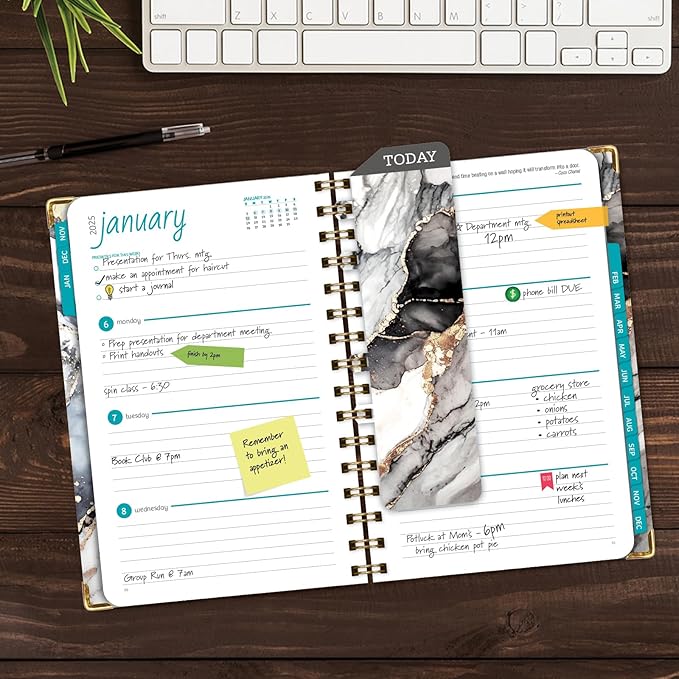 HARDCOVER 2025 Planner, 5.5"x8": 14 Months (November 2024 - December 2025), Daily Weekly Monthly Planner, Yearly Agenda, Bookmark, Pocket Folder and Sticky Note Set (Black Gold Marble)