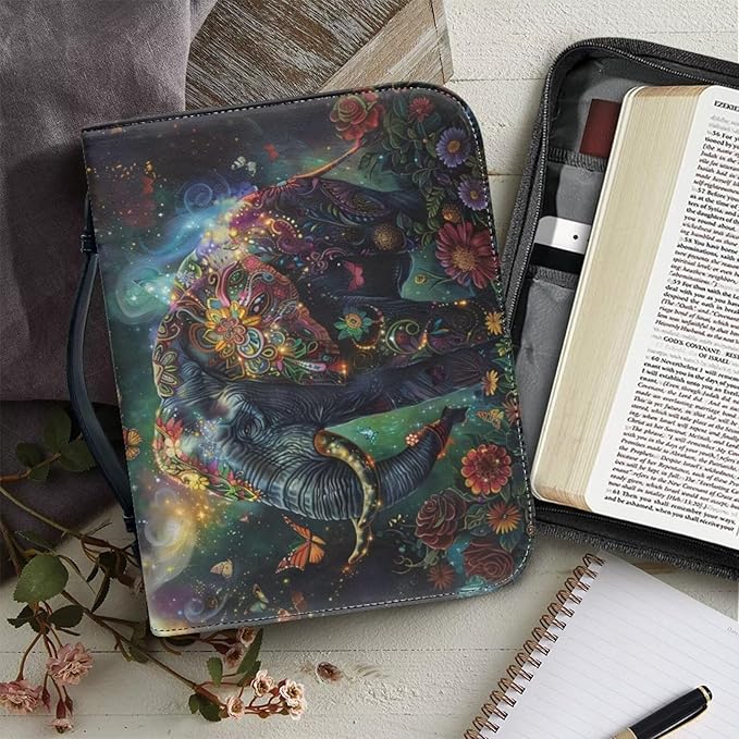 Lotusorchid Floral Mandala Elephant Printed Bible Covers Christ Church Bag for Women Leather Bible Case with Handle Pen Storage Zippered Pocket Waterproof Bible Carrier Bible Protective Cover