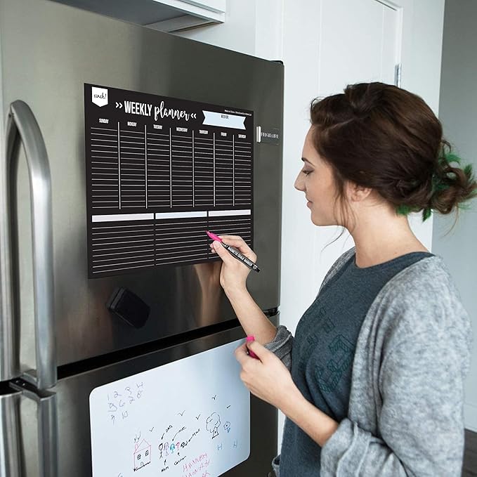 Cinch! 17x12-Inch Magnetic Dry Erase Weekly Planner for Fridge - Black Weekly Calendar Board with 4 Fine Tip Markers and Large Eraser - Magnetic Fridge Organizer, Meal Planning, and Dry Erase Board