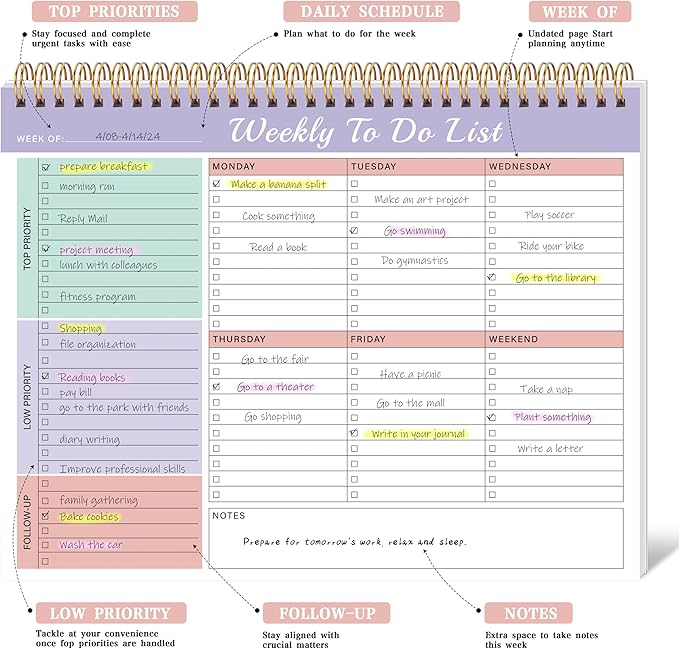 Weekly To Do List Notepad with Priorities,Follow Up 8.5"×11" 12 Monthes Undated Weekly Desk Planner Organizer for School,Office Supplies,Family