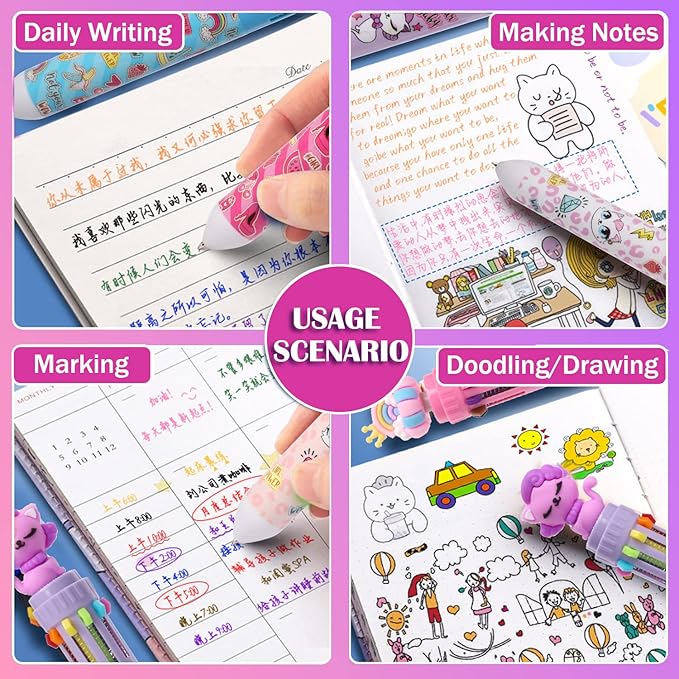 Multicolor Ballpoint Pen 0.7 mm, 10-in-1 Colored Pens Fine Point Retractable Cute Cartoon Cat Ballpoint Pens for Office School Supplies Students Kids Gifts, 6 Pack