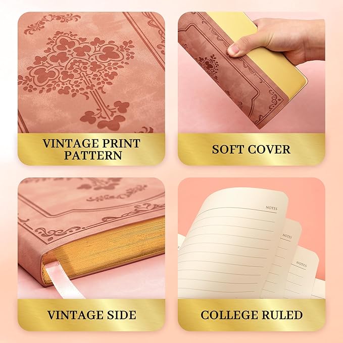 CAGIE Vintage Leather Journal for Women Soft Cover Notebook with 256 Lined Pages 100 GSM Thick Paper A5 College Ruled Journals Notebooks for Writing, 5.7 x 8.3 in, Light Pink