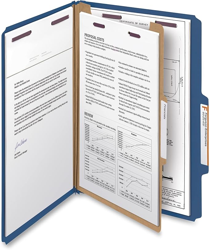 Smead Pressboard Classification File Folder with SafeSHIELD Fasteners, 1 Divider, 2" Expansion, Legal Size, Dark Blue, 10 per Box (18732)