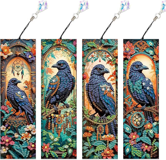 4-Piece Diamond Painting Bookmarks Set for Adults – DIY 5D Rhinestone Art Bookmarks with Tassels, Crow Design Diamond Art Bookmarks for Crafts and Gifts, Ideal Gift for Book Lovers