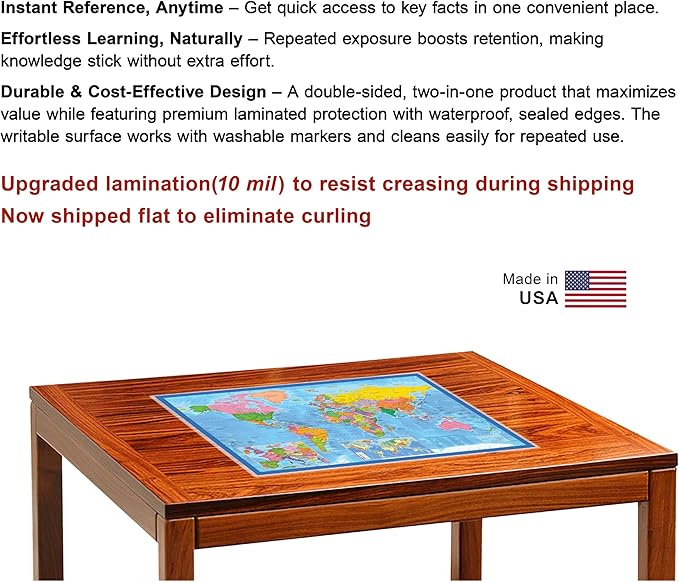 2-Sided Desk Map with Durable Lamination (2 Pack: US/Europe Centered World; Children's US/Europe Centered World Map)