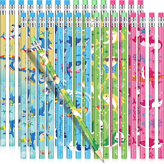 Geyee 36 Pcs Space Pencils Hawaiian Shark Themed Party Favors Assorted Novelty Fun Wood Writing Pencils with Erasers for Birthday Party Teacher Supplies(Shark)