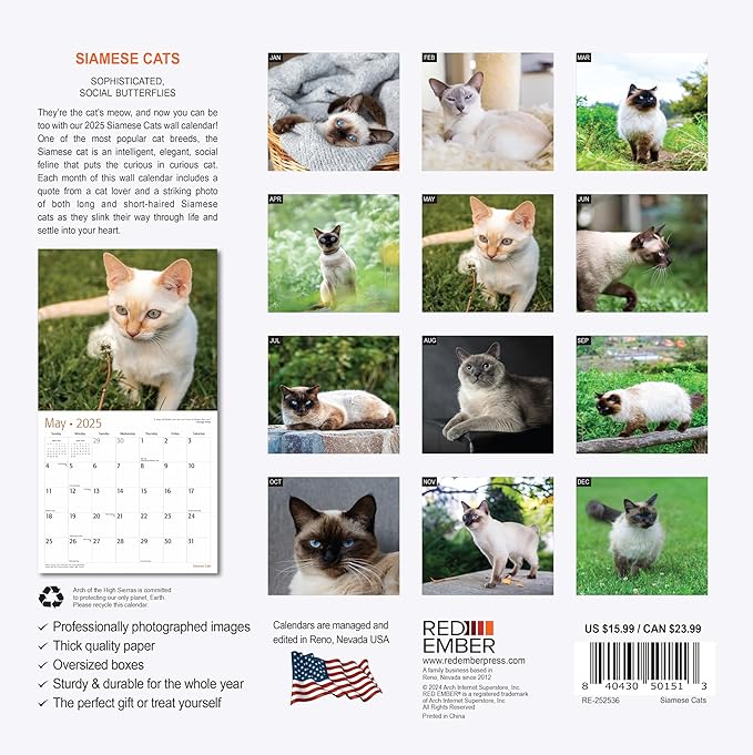 RED EMBER Siamese Cats 2025 Wall Calendar 12 Month | 12" x 24" Open | Thick & Sturdy Paper | Giftable | Calendar 2025