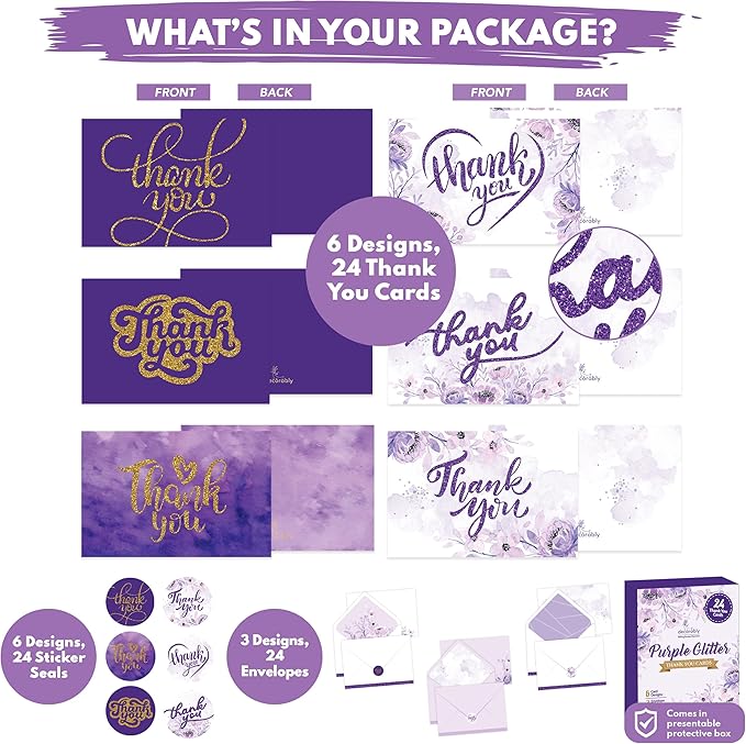 Decorably 24 Pack Glittery 6x4in Purple Thank You Cards with Envelopes and Stickers, 6 Elegant Designs Purple Thank You Notes, Blank Inside - Wedding, Baby Shower