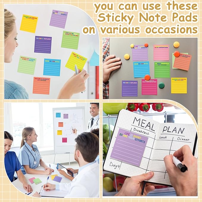 Yinder 24 Pcs Inspirational Sticky Notes with Lines Cute Motivational Sticky Notes Pad Employee Appreciation Gifts Bulk for Teacher Nurse Coworkers Office Supplies 3 x 3''(Bright Color,Demotivation)
