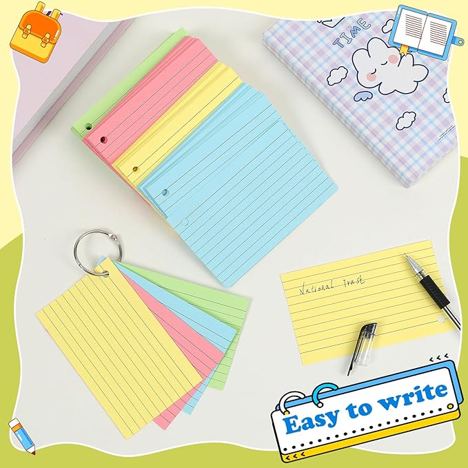 Colored Index Cards 3x5 Inches Flash Cards with Ring Lined Flashcards Note Cards for Studying School Supplies College, 200 Count