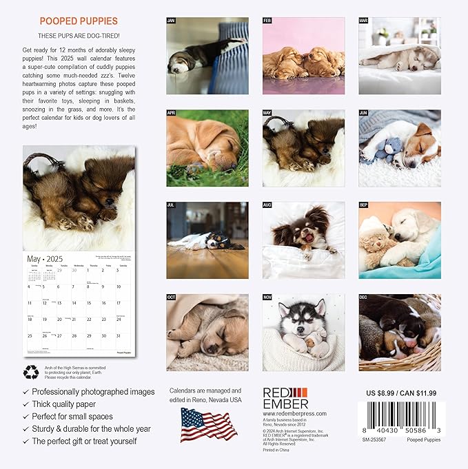 RED EMBER Pooped Puppies Mini 2025 Wall Calendar 12 Month | 7" x 14" Open | Thick & Sturdy Paper | Giftable | Calendar 2025
