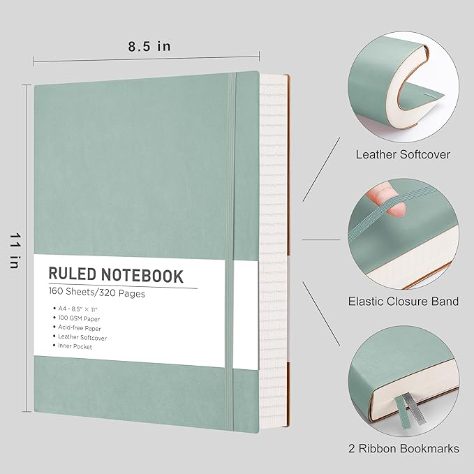 RETTACY Journaling Notebooks, A4 Lined Notebook Journal with 320 Pages, 8.5" × 11", Large Size, Notebook Journal for Work, School, Writing, Leather Softcover, 100 GSM Thick Paper (Blue-gray)