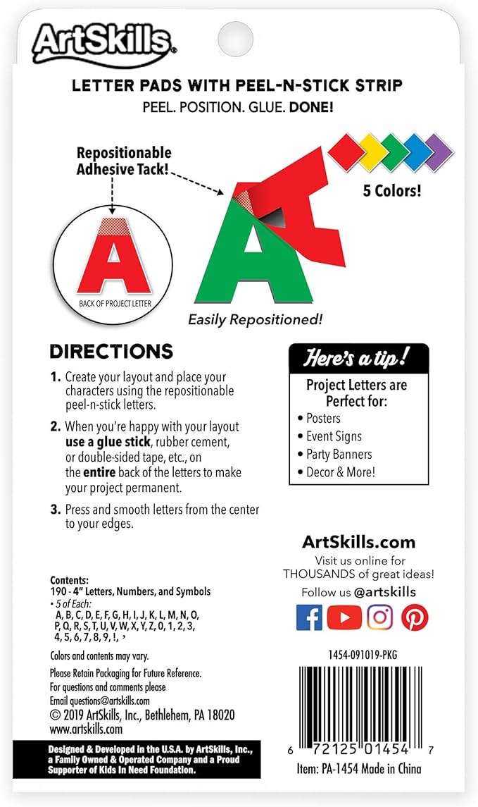 ArtSkills Jumbo 4" Sticky Primary Color Poster Letters and Numbers, 190 Pieces