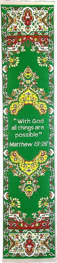 All Things Possible, Bulk Pack of 6 Woven Fabric Christian Bookmarks, Silky Soft Matthew 19:26 Flexible Bookmarker for Novels Books and Bibles, Traditional Turkish Woven Design, Memory Verse Gift
