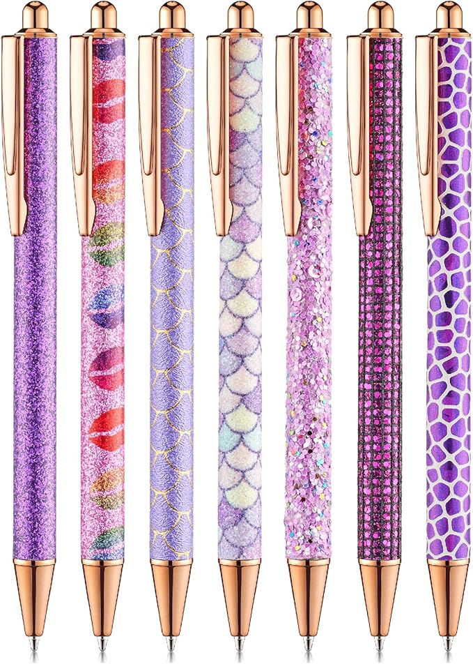 Mr. Pen- Fancy Pens for Women, 7 Black Ink Ballpoint Pens with 10 Refills, 1.0mm, Elegant in Purple, Glitter Cute Pens for Journaling, Sparkly Fancy Pen, Easter Gift