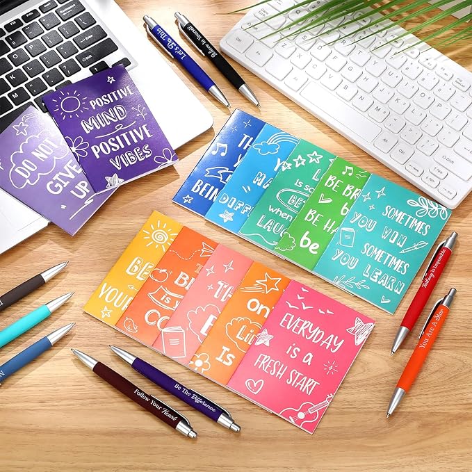 Yeaqee 72 Pcs Motivational Pens Notepads Gifts Set Inspirational Quote Ballpoint Pen Small Notebook Mini Journal Bulk Gifts for Teacher Coworker Gifts Women Office School(Uplifting)