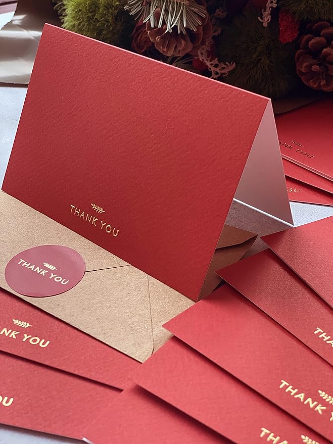 RUN2PRINT (36 Pack Thank You Cards With Envelopes & Stickers - Elegant Red Emboss Gold Foil Pressed - Blank Notes Wedding, Bridal, Baby Shower, Business and Formal All Occasion Cards (Folded)