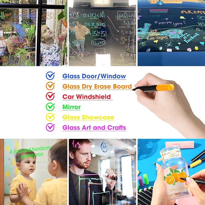 Liquid Chalk Markers for Acrylic Fridge Calendar Planning Board Clear Glass Dry Erase Board Refrigerator Whiteboard for Window/Mirror, 14 Pack, 7 Vibrant Colors, 1mm Fine Points, Easy Wet Erase