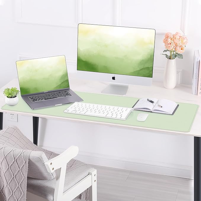 Leather Desk pad Protector, 47in*23in Large Desk mat with Natural Cork & PU Leather,Mouse pad,Non-Slip Office Desk Mat,Waterproof Desk Writing Pad for Office and Home (Light Green)