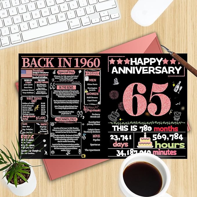 Joycard 65th Anniversary Card for Women, Wedding Card for Wife, Sweet Marriage Decorations Gifts for Couple, Perfect for Her on Anniversary Day, Back in 1960