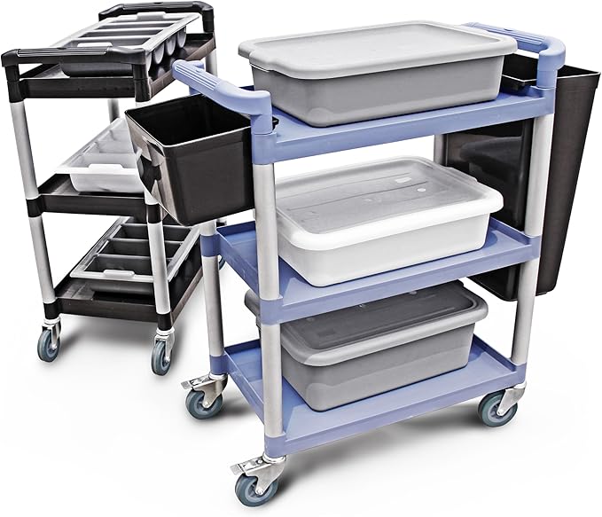 New Star Foodservice 54569 350-Pound Plastic 3-Tier Utility Bus Cart with Locking Casters, 42.5 "x19.5" x 38.5", Gray
