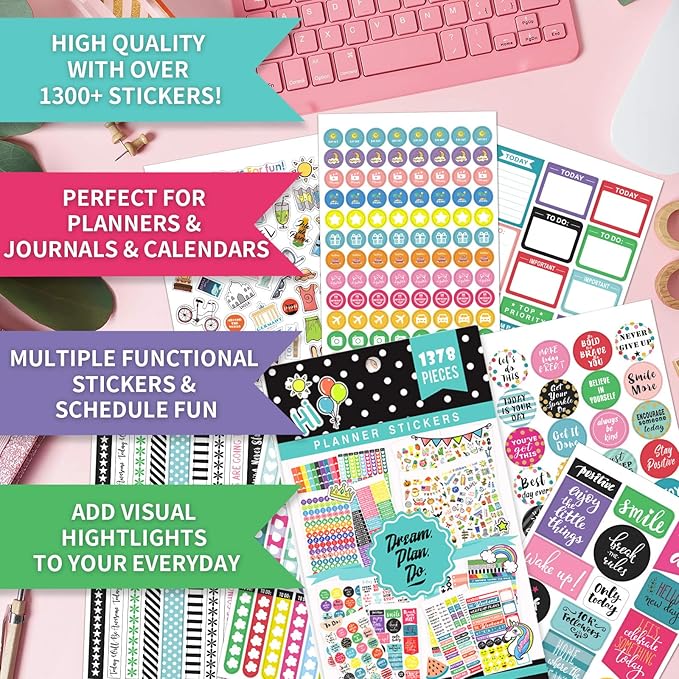 Planner Stickers - 28 Sheets, 1378 Stunning Design Accessories for Journals and Calendars, Essential Planner Accessories by Tullofa - Green