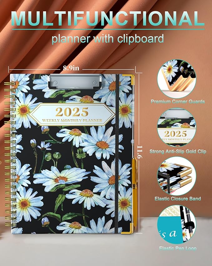Ymumuda 2025 Planner with Clipboard, 2025 Weekly Monthly Planner from JAN. 2025 TO DEC. 2025, 8.5" x 11", Large Planners with Ample Writing Space, Inner Pocket & Coated Tabs, Excellent for School & Office Schedule