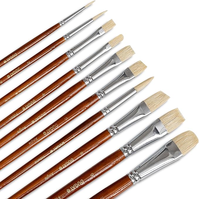 10pcs White Hog Hair Artist Paint Brush Set by DUGATO Perfect for Acrylic Oil Gouache Watercolor, Painting Brushes Kit for Kids, Adults Fabulous for Canvas & Fabric