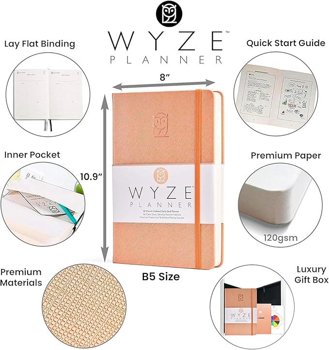 Pro - Goal Setting Planner to Increase Productivity and Achieve Personal and Business Goals. 12 Month Undated Daily, Weekly and Monthly Journal Organizer with Calendar (Rose Gold)