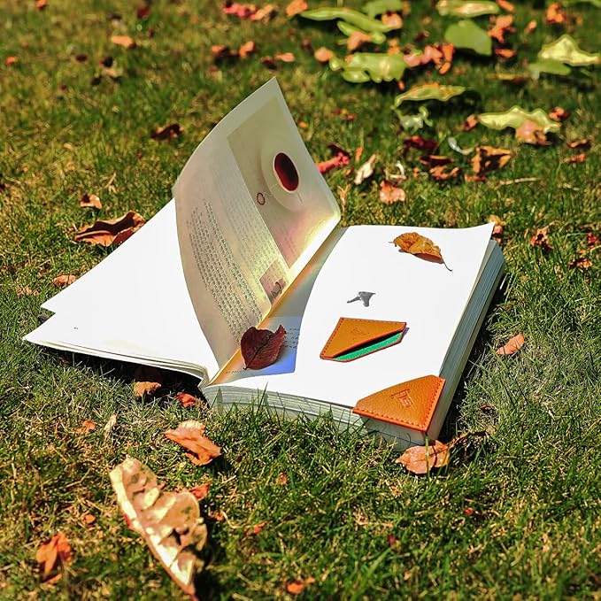 3 Pieces Leather Bookmarks Handmade Page Marker for Men Women and Kids, Faux Leather Page Clips Corner Book Markers for Teachers Gift for Writers Bookworm Book Lovers (06-Orange Green)