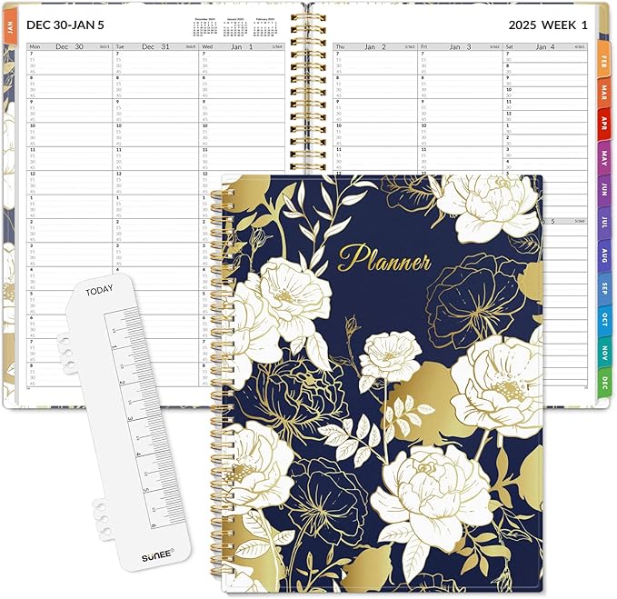 SUNEE 2025 Appointment Book, Quarter-Hourly, Weekly & Monthly - from January 2025 - December 2025, 8.5"x11" Flexible Cover, Notes, Pockets, Bookmark, Spiral Binding, Vintage Floral