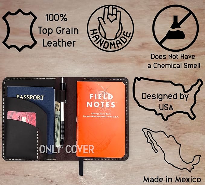 Thot Ra Leather Cover for Field Notes, Passport Cover, Leather Notebook Cover for 3.5" x 5.5" with Pen Holder, Only Cover (Dark Brown)