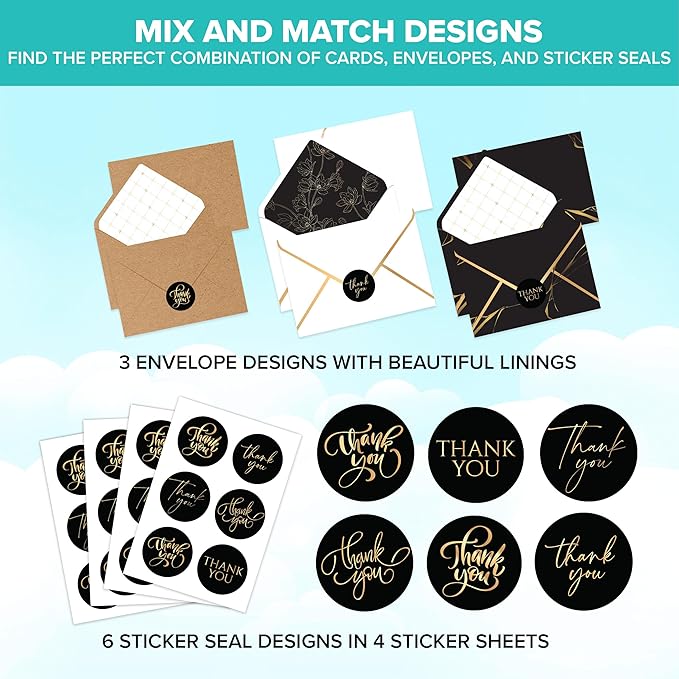 Decorably 24 Pack Gold-Foiled 6x4in Black and Gold Thank You Cards with Envelopes & Stickers, 6 Elegant Designs Black Thank You Cards, Blank Inside - Birthday, Wedding, Anniversary