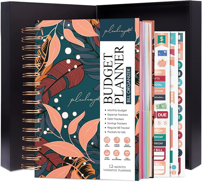 PLANBERRY Budget Planner & Monthly Bill Organizer with Pockets Premium – Home Finance & Bill Payment Organizer – Budgeting Book with Income & Expense Tracker - 7x8.5″ Hardcover (Tropical Night)