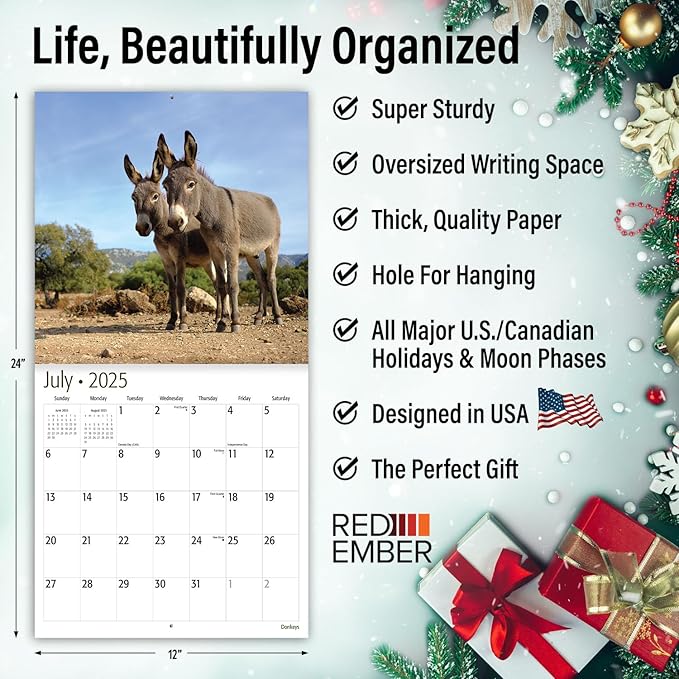 RED EMBER Donkeys 2025 Wall Calendar 12 Month | 12" x 24" Open | Thick & Sturdy Paper | Giftable | Calendar 2025